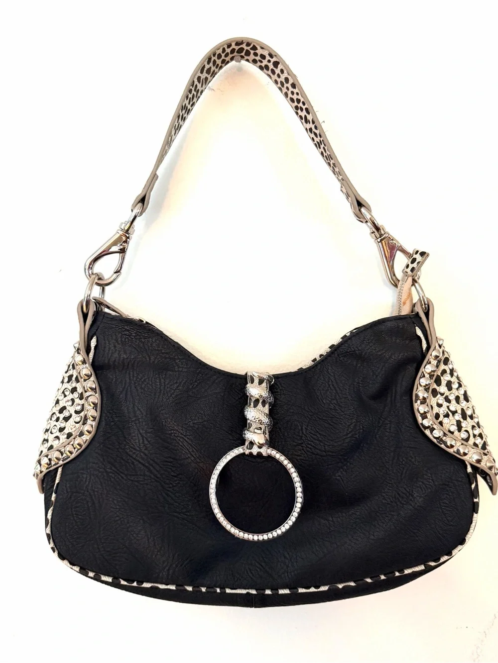 Vintage Hobo Purse Shoulder Bag Silver Studs Bling Snake Cheetah Black White Y2K